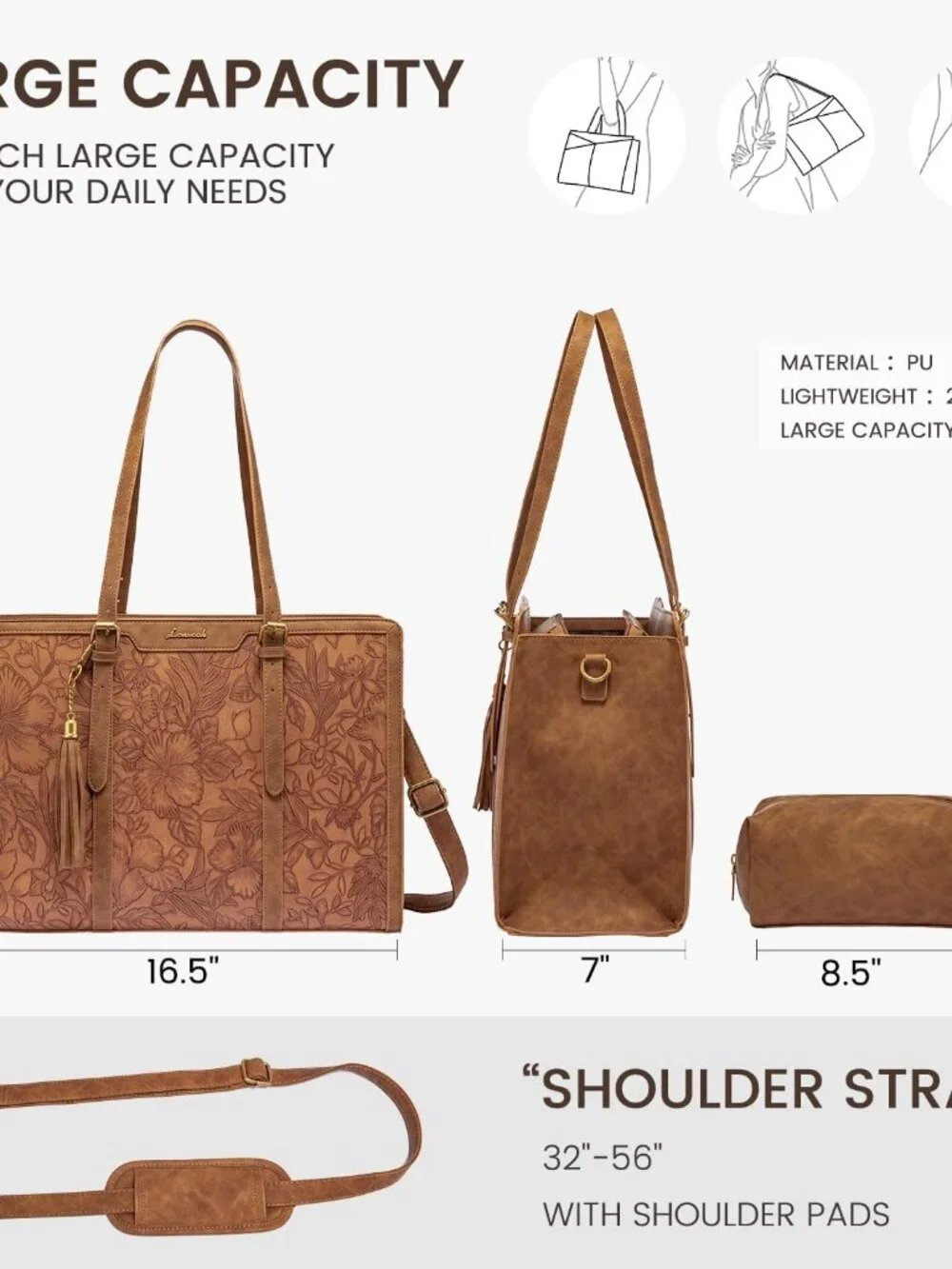 Vintage Leather 15.6-Inch Women's Laptop Tote with Clutch & Tassel
